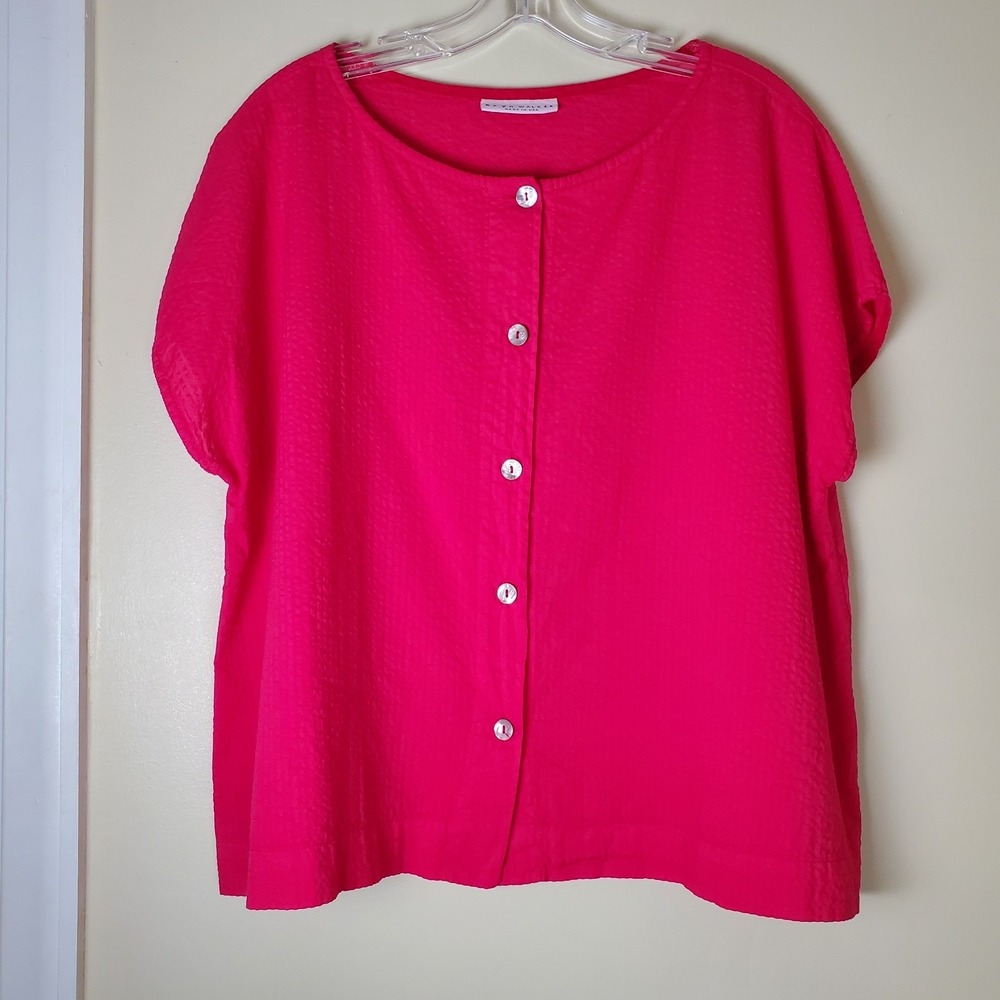 Bryn Walker Small Gauzy Oversized Boxy Blouse Hot Pink Cotton Button Front